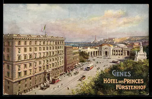 Künstler-AK Genova, Hotel des Princes Fürstenhof, Strassenbahnen