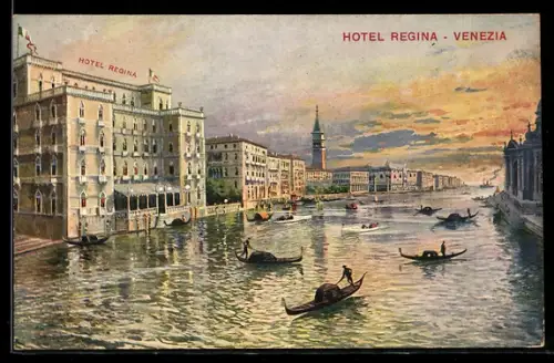 AK Venezia, Hotel Regina, Gondeln im Kanal bei Sonnenuntergang