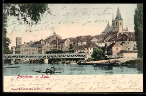 AK Laun / Louny, Ortsansicht vom Ufer aus