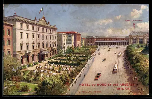 AK Milano, Hotel du Nord et des Anglais con tram e stazione centrale