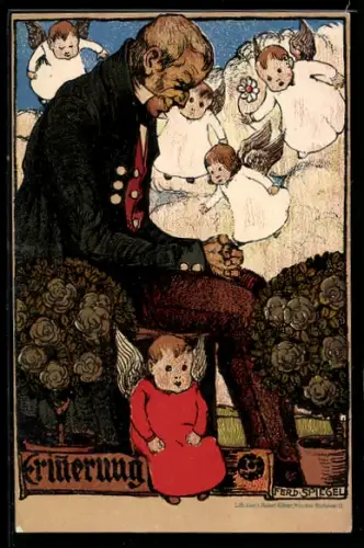 Künstler-Lithographie Ferdinand Spiegel: Erinnerung, Greis und Englein