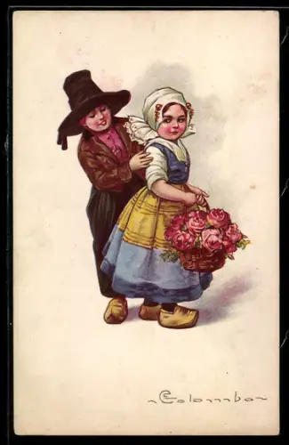 Künstler-AK E. Colombo: Junge und Mädchen in Tracht mit Blumenkorb