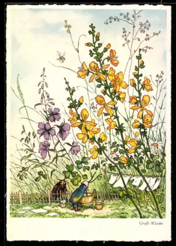 Künstler-AK Fritz Baumgarten: Grosse Wäsche, Käfer am Zaun seines Nachbars