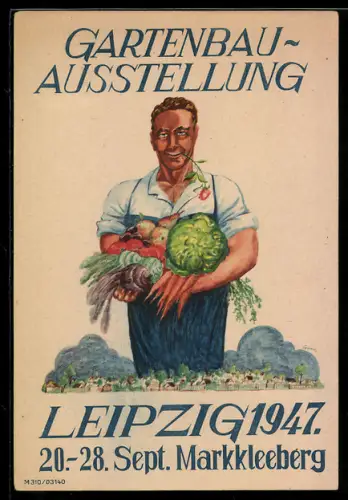AK Leipzig, Gartenbau-Ausstellung 1947, Markkleeberg, Bauer mit Gemüse