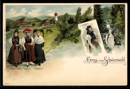 Lithographie Schwarzwälder Tracht: St. Georgerin, Gutacherin, Markgräflerin & Schwarzwälderin