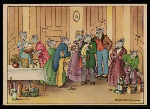 AK Goldene Hochzeit bei den Mäuseleins, vermenschlichte Tiere