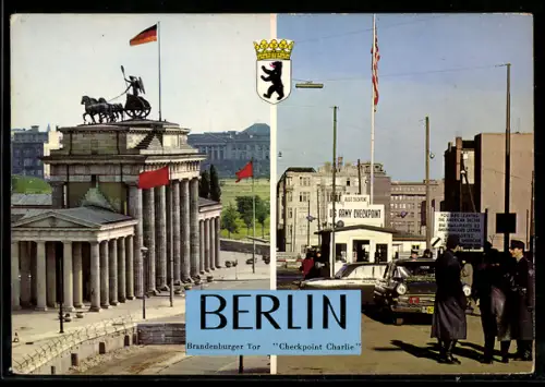 AK Berlin, Grenzpunkt Checkpoint Charlie, Blick auf das Brandenburger Tor