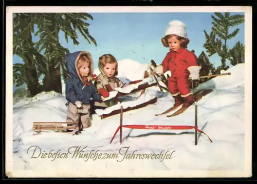 AK Wintersport mit Käthe Kruse-Puppen nachgestellt, Prosit Neujahr