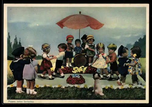 AK Käthe Kruse-Puppen halten ein Gartenfest