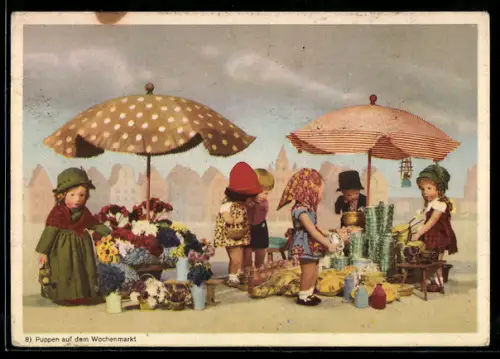 AK Käthe Kruse-Puppen kaufen auf dem Wochenmarkt ein