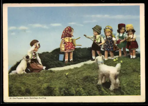 AK Käthe Kruse-Puppen mit Hund beim Sonntagsausflug