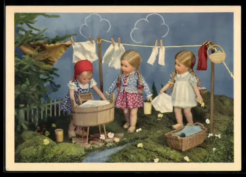 AK Käthe Kruse-Puppe, Szene im Garten beim Wäsche aufhängen