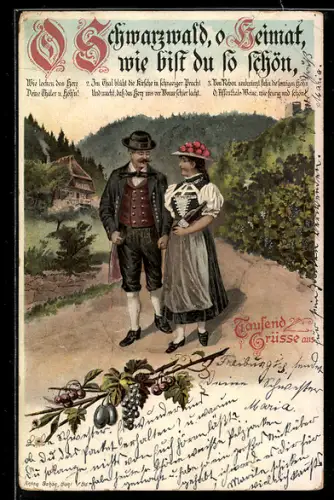 AK Paar in Schwarzwälder Tracht, O Schwarzwald, o Heimat, wie bist du so schön