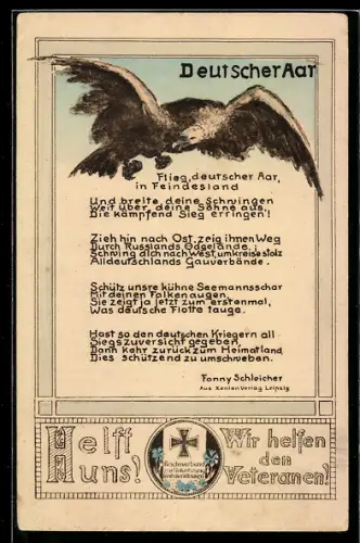 AK Deutscher Aar, Gedicht von Fanny Schleicher, Reichsverband zur Unterstützung Deutscher Veteranen, Eisernes Kreuz