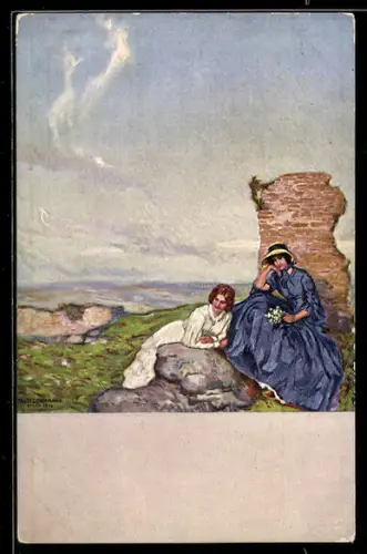 Künstler-AK Ernst Liebermann: zwei Damen sitzen auf einer Bergeshöhe