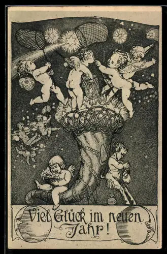 Künstler-AK Bruno Heroux: Engel fangen die Sterne mit Keschern, Viel Glück im neuen Jahr