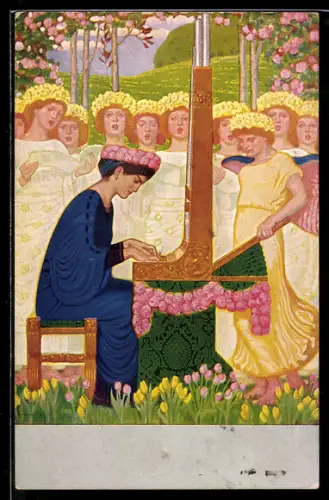 AK Frau spielt an einer Orgel für den Chor