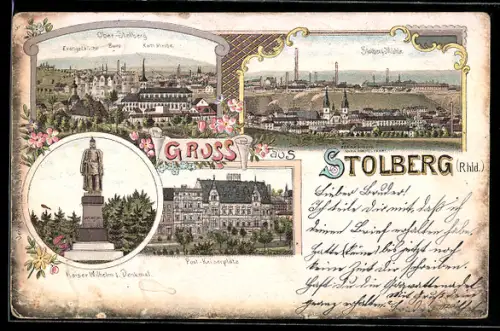 Lithographie Stolberg /Rhld., Post-Kaiserplatz, Partie in Ober-Stolberg und Mühle