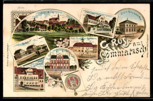 Lithographie Lommatzsch, Hotel Goldne Sonne, Post-Schule, Bahnhof