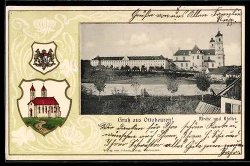 Passepartout-Lithographie Ottobeuren, Kirche und Kloster, Wappen
