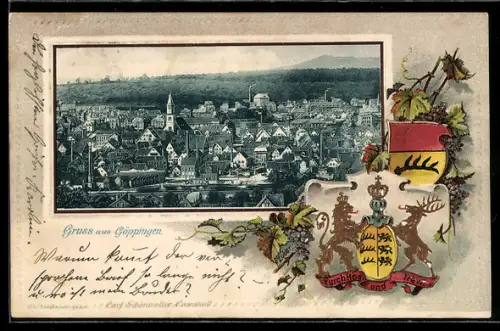Passepartout-Lithographie Göppingen, Teilansicht aus der Vogelschau, Wappen, Weintrauben