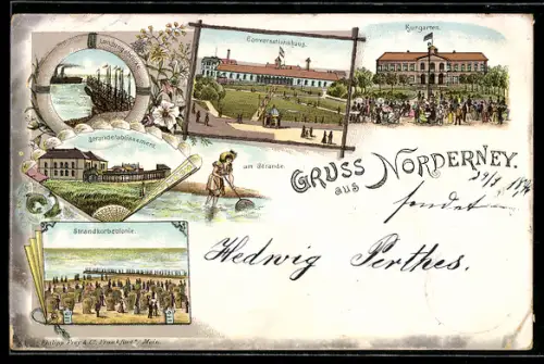 Lithographie Norderney, Strandrestaurant, Conversationshaus, Kurgarten