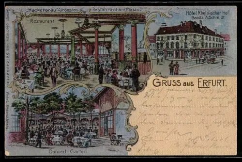 Seiden-Imitations-AK Erfurt, Hotel Rheinischer Hof mit Concert-Garten