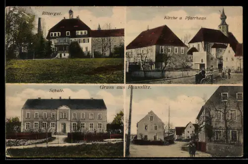 AK Rausslitz, Rittergut, Kirche & Pfarrhaus, Schule, Strassenpartie