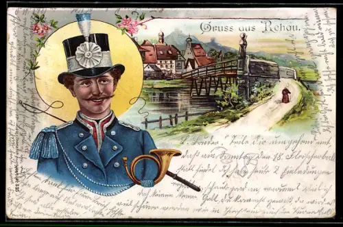 Lithographie Reklame Elephanten-Kaffee, Postillon mit Horn, Weg mit Blick auf kleinen Ort