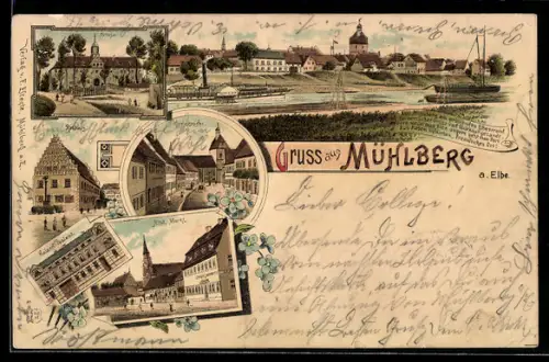 Lithographie Mühlberg a. Elbe, Schloss, Kaiserliches Postamt, Rathaus