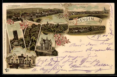 Lithographie Thengen, Stadtthor, Rathaus, Totalansicht