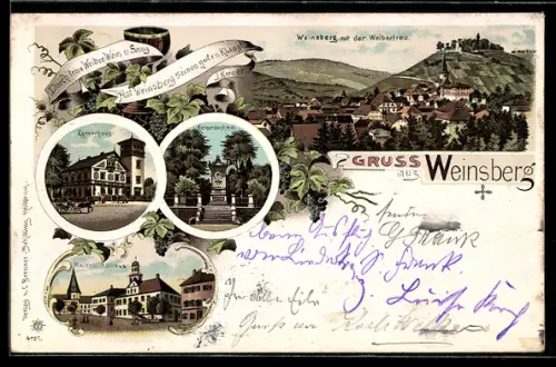 Lithographie Weinsberg, Kernerhaus, Kernerdenkmal, Markt und Rathaus