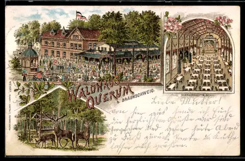 Lithographie Braunschweig, Gasthaus Waldhaus Querum mit Ausserngastronomie und Gesellschafts-Saal