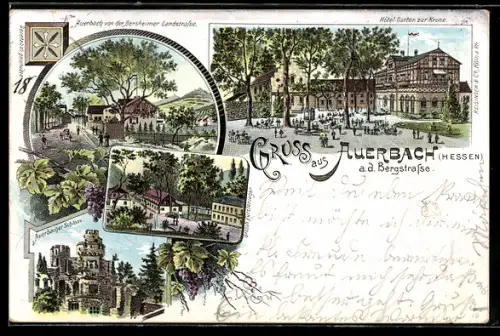 Lithographie Auerbach a. d. Bergstrasse, Hotel-Garten zur Krone, Schloss, Bensheimer Landstrasse