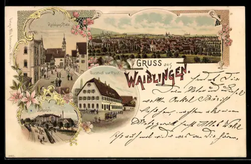 Lithographie Waiblingen, Gasthof zur Post, Rathaus-Platz, Bahnhof, Totalansicht