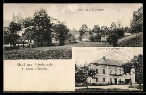 AK Friedebach b. Sayda i. Erzgeb., Gasthof zu Friedebach, Partie aus dem Oberdorf