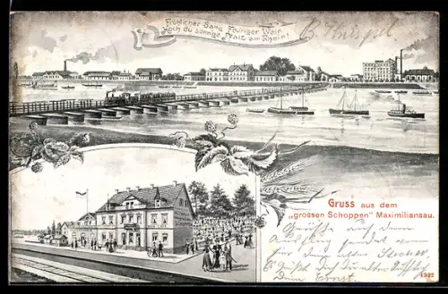 Künstler-AK Maximiliansau, Panorama des Ortes mit Schiffen, Gasthaus zum grossen Schoppen