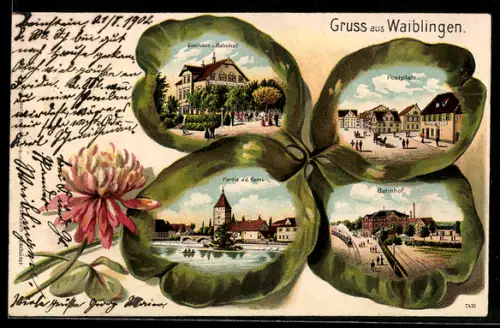 Passepartout-Lithographie Waiblingen, Gasthaus zum Bahnhof, Postplatz, Bahnhof, Kleeblatt