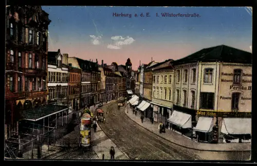 AK Hamburg-Harburg, Wilstorferstrasse mit Geschäften und Litfasssäule