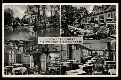 AK Münster / Westfalen, Cafe-Restaurant Pleistermühle an der Werse, Innenansichten Kamin und Veranda