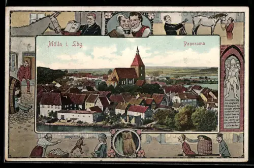 AK Mölln, Till Eulenspiegel, Esel, Pferd, Panorama der Stadt