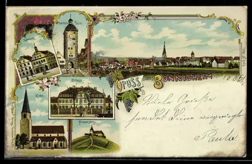 Lithographie Bönnigheim, Schloss, Michaelsberg, Oberthor-Turm, Kirche und Rathaus, Panorama