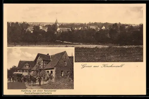 AK Kirchensall, Handlung von Ernst Gensmantel, Postkraftwagenhaltestelle, Panoramablick auf die Stadt