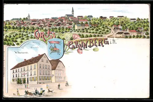 Lithographie Grünberg i. H., Gasthof z. Hirsch, Panorama