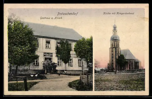 AK Pretzschendorf, Gasthaus z. Hirsch, Kirche mit Kriegerdenkmal
