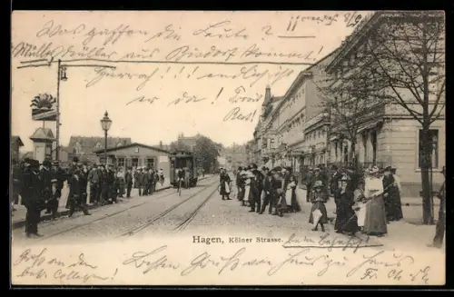 AK Hagen, Kölner Strasse mit Strassenbahn
