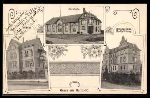 AK Burscheid / Rheinl., Notariat, Turnhalle und Krankenhaus der Buddestiftung