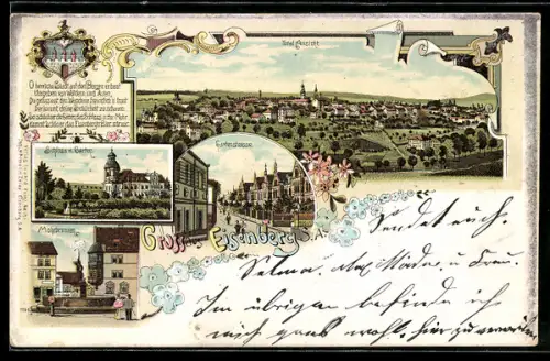 Lithographie Eisenberg, Blick in die Gartenstrasse, Mohrbrunnen, Schloss