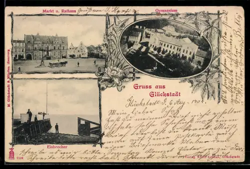 AK Glückstadt, Markt und Rathaus, Gymnasium, Eisbrecher