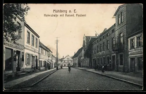 AK Mühlberg a. E., Hohestrasse mit Kaiserl. Postamt
